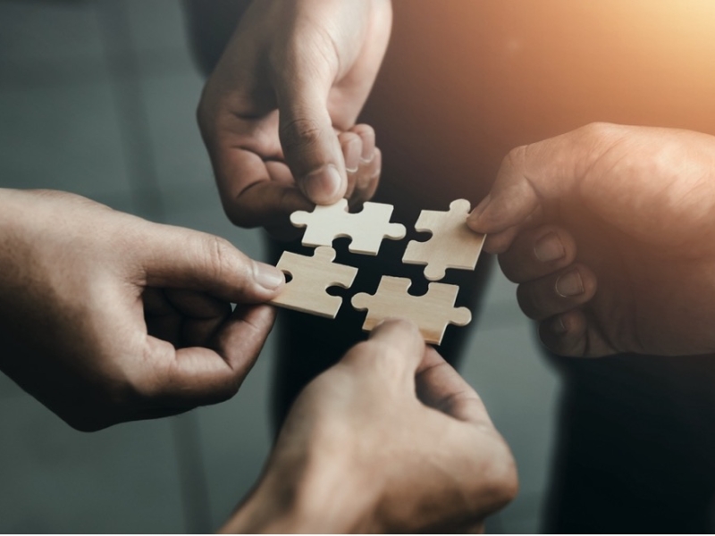 A group of hands holding a puzzle piece