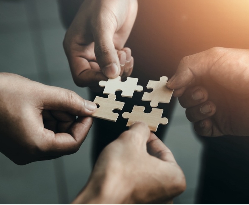 A group of hands holding a puzzle piece