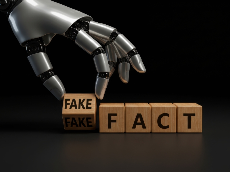 Robot hand holding a wooden block with the word "fake" on it and wooden blocks that spelt out "fact" in a dark background