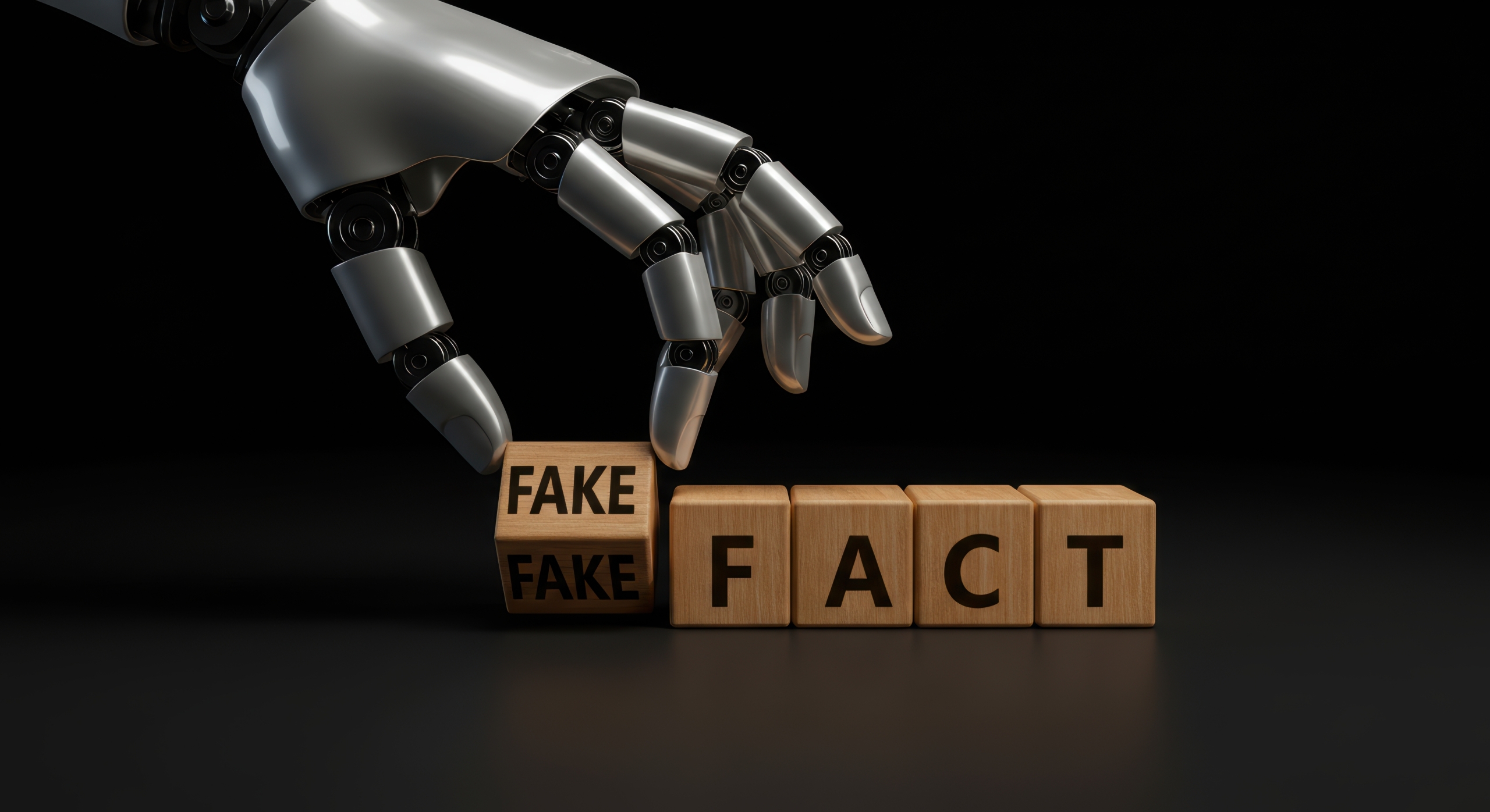 Robot hand holding a wooden block with the word "fake" on it and wooden blocks that spelt out "fact" in a dark background
